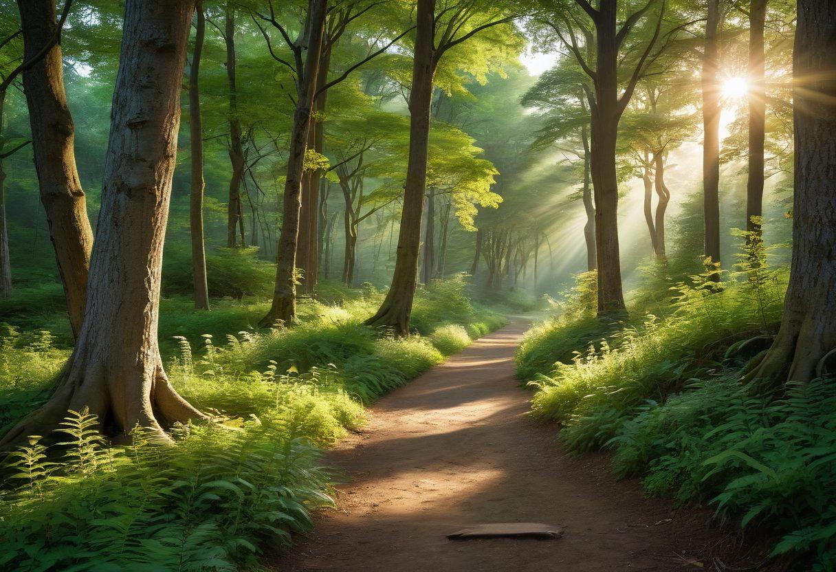 A serene landscape depicting a path winding through a lush green forest, symbolizing a journey toward financial independence. Along the path, illuminate hidden treasures representing insurance benefits, such as a shield, a golden key, and a glowing light bulb. Include figures of diverse individuals confidently walking the path, contemplating their financial future. Soft sunlight filtering through the trees adds warmth and hope. super-realistic. vibrant colors.