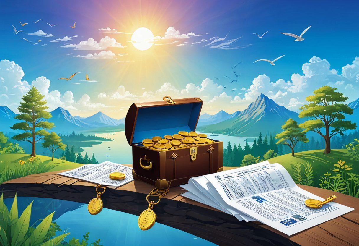 A serene landscape depicting a path towards financial freedom, with symbolic elements like smart insurance choices represented as colorful, floating keys unlocking a treasure chest. In the foreground, a confident individual stands with open arms, surrounded by financial charts and insurance documents, all under a bright blue sky. The blend of nature and finance conveys a harmonious balance. vibrant colors. vector art.