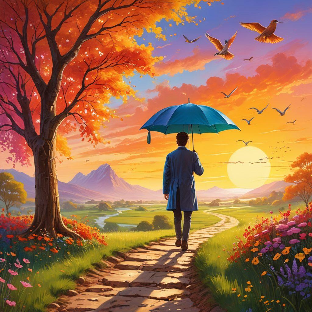 A serene landscape depicting a winding path leading towards a bright horizon symbolizing financial freedom. Alongside the path, various icons representing insurance, money management tools, and free money, all interconnected in a harmonious design. A confident individual walking with an umbrella shield representing insurance, with birds soaring above, suggesting liberation. Soft sunlight illuminating the entire scene. vibrant colors. painting.